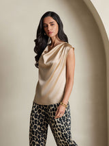 [شامبانيا] SilkSilky-SA Cap Sleeve Cowl Neck تي شيرت نسائية 005