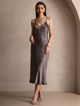 [كاكي غامق] SilkSilky-SA Sleeveless V Neck فساتين نسائية 003