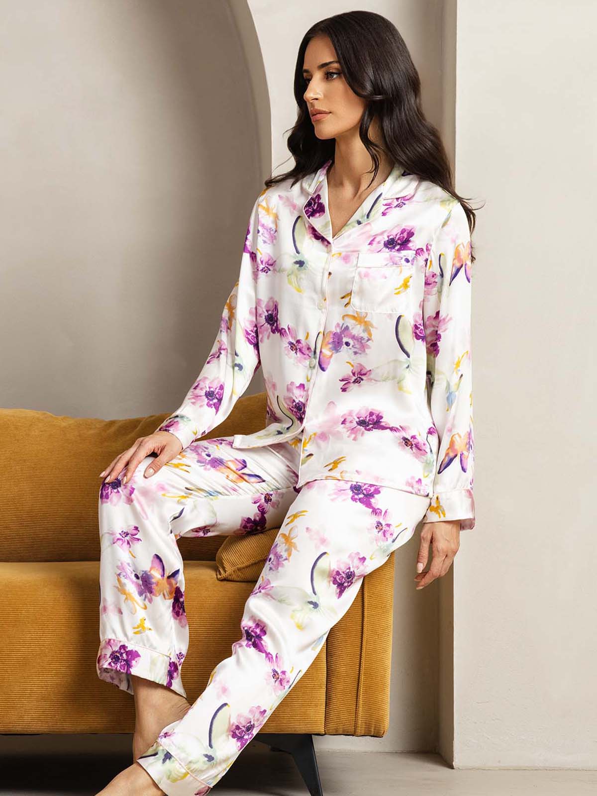 [زهور مائية] SilkSilky-SA الحرير الخالص Womens Pajamas 005