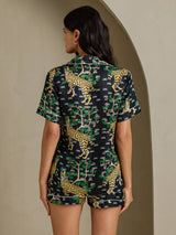 [سيرفال أسود] SilkSilky-SA Short Sleeve Notch Collar طقم بيجامة نسائي 002