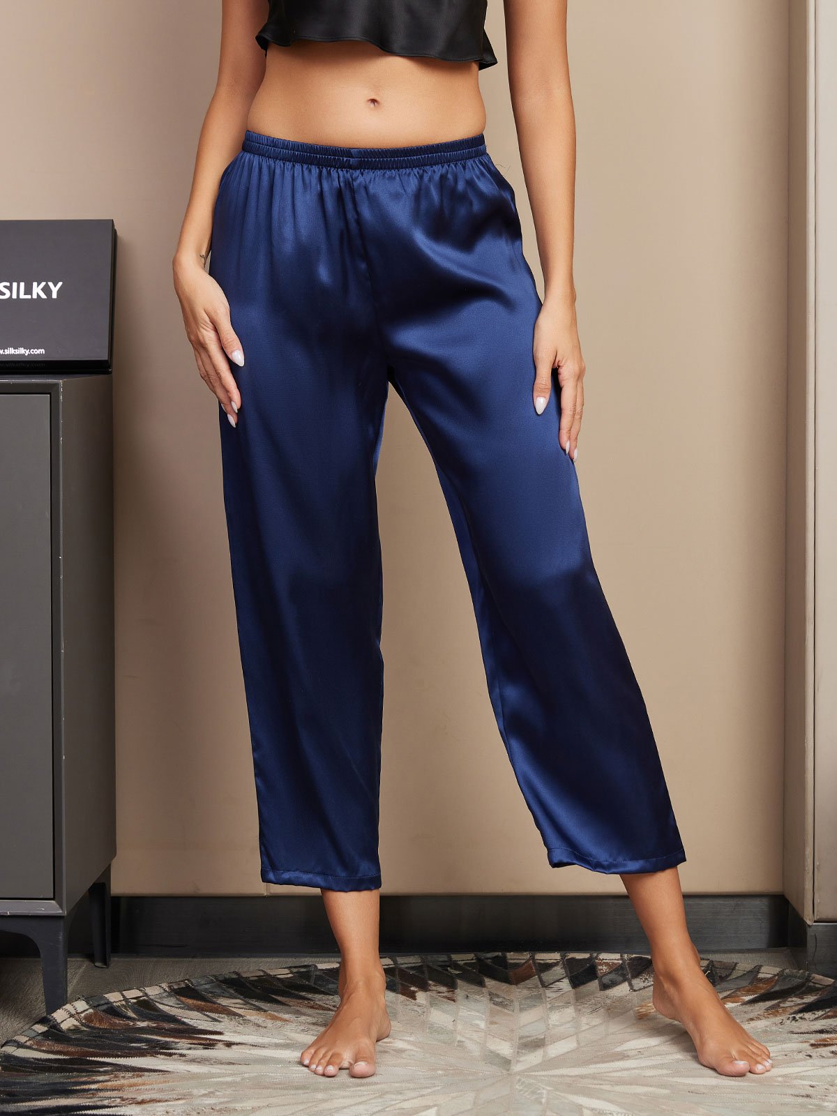 [أزرق غامق] SilkSilky-SA الحرير الخالص Womens Sleep Bottoms 003