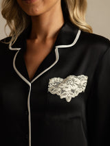 [أسود] SilkSilky-SA الحرير الخالص Lapel Collar باس النوم 004