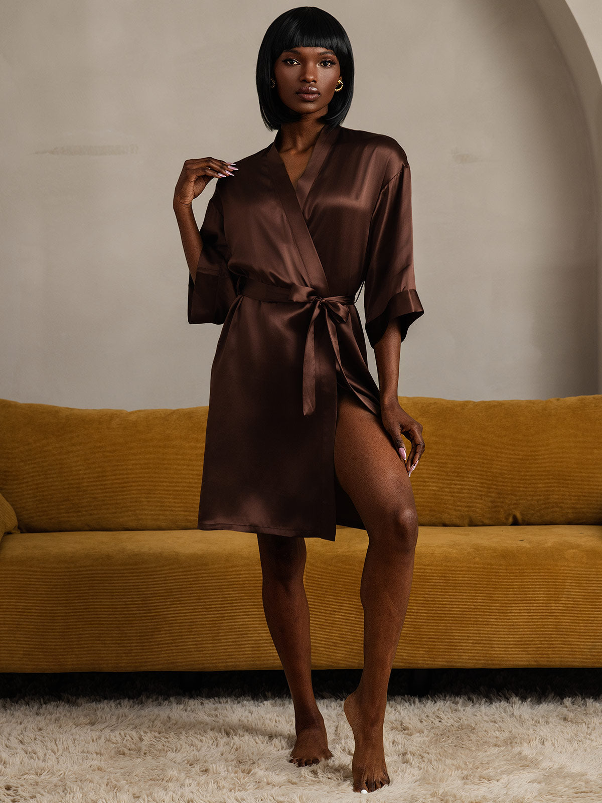 [قهوة] SilkSilky-SA الحرير الخالص Womens Robe 009
