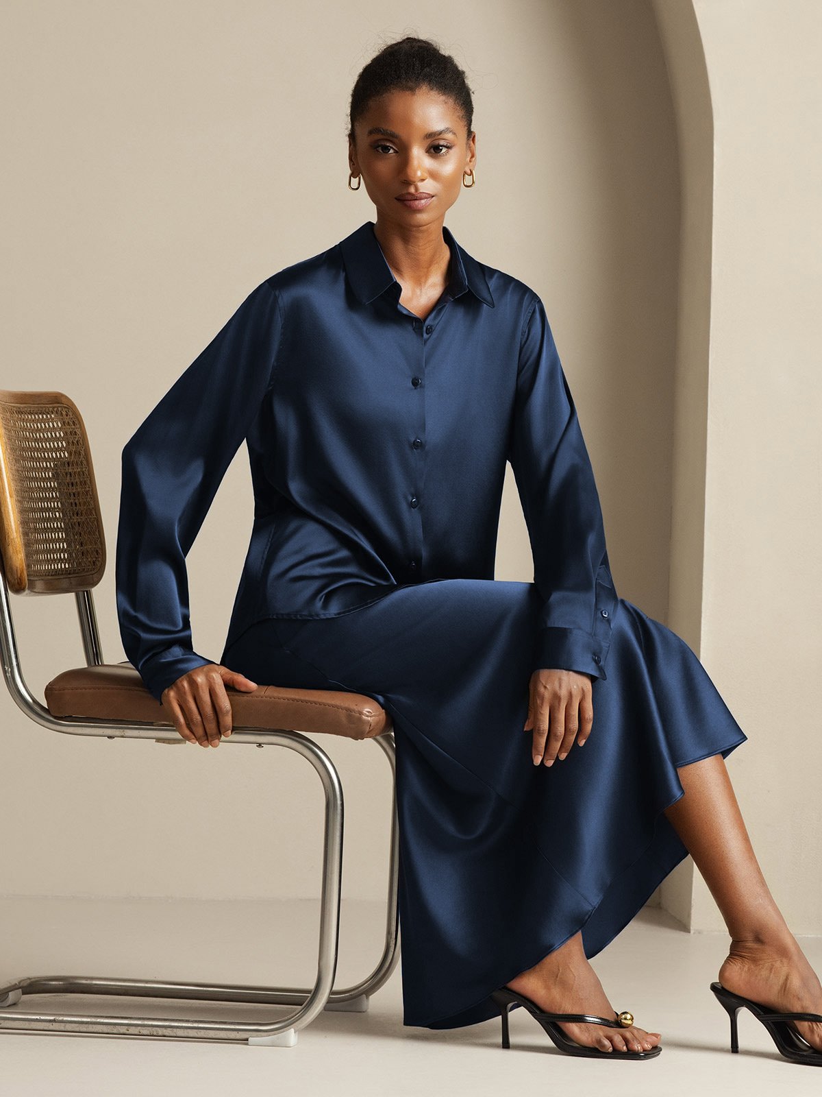 [أزرق غامق] SilkSilky-SA 19Momme الحرير Lapel Collar Women''s Outfit Sets 001,