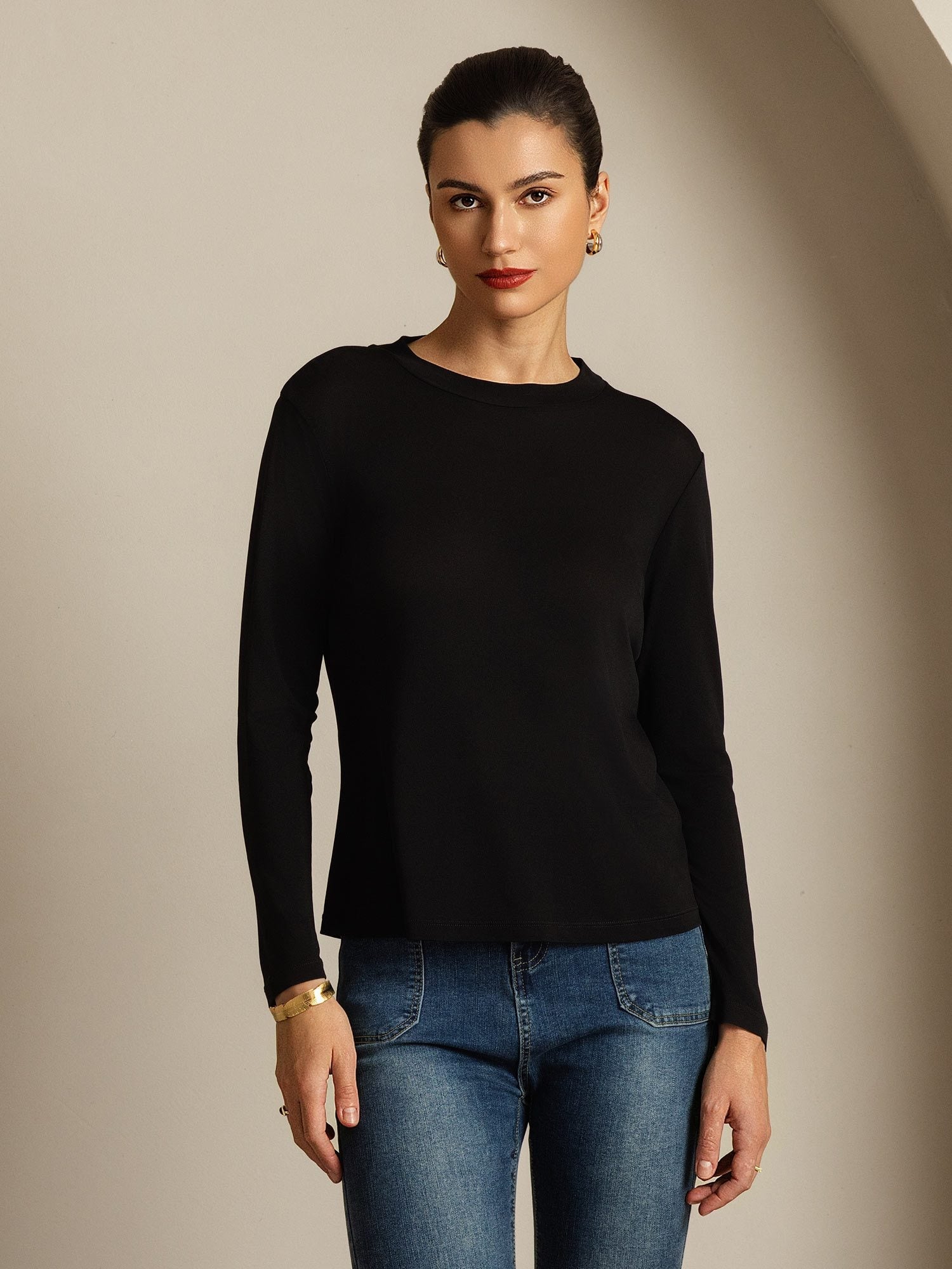 [أسود] SilkSilky-SA الحرير الخالص Womens T-Shirt 005