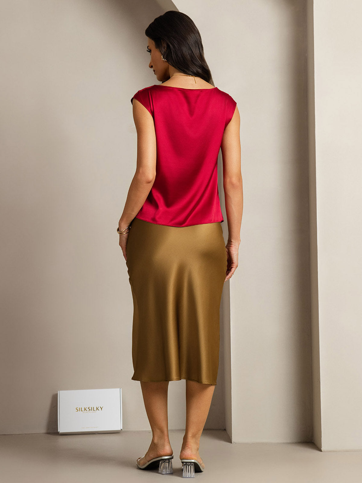 [خمر] SilkSilky-SA 19Momme الحرير فتحة عنق بثنيات ملفوفة تي شيرت نسائية 002,