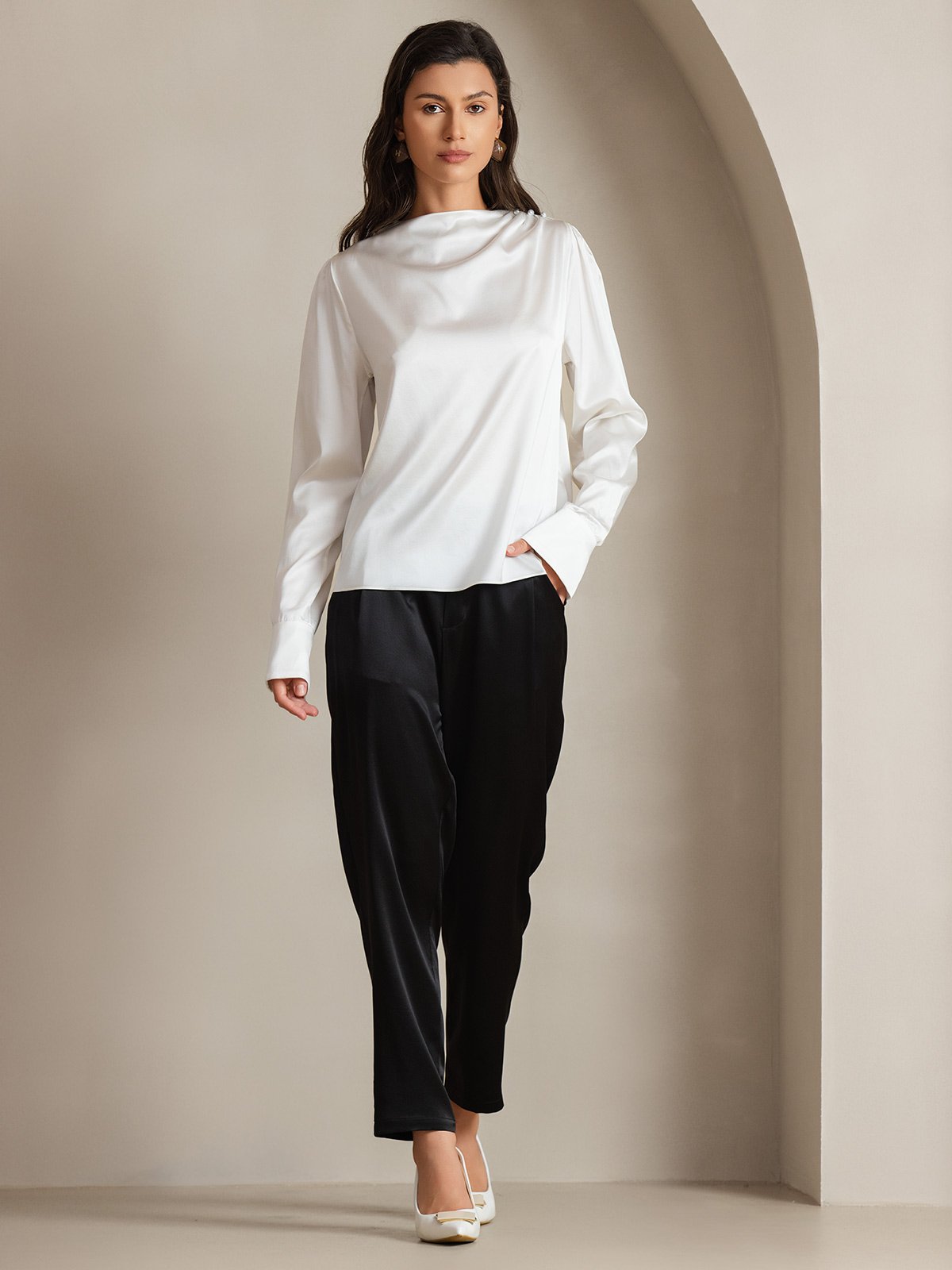 [أبيض] SilkSilky-SA 19Momme الحرير Womens Shirt 007