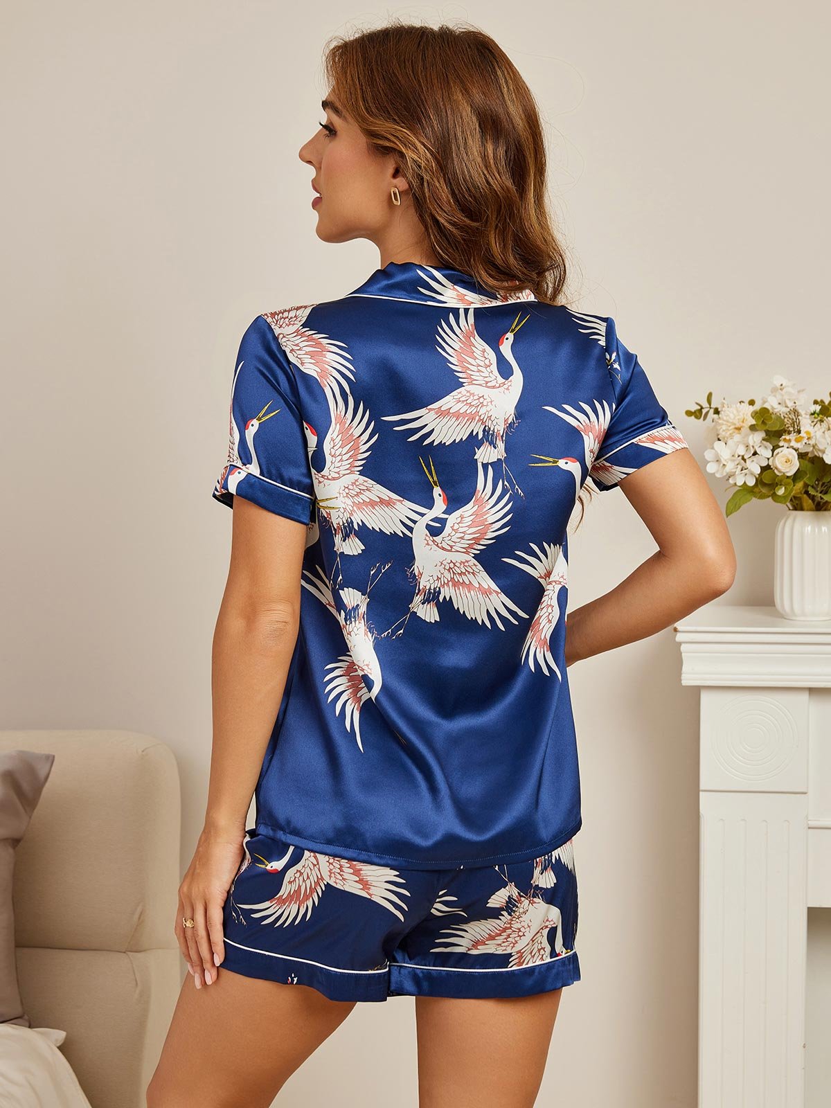 [أزرق غامق] SilkSilky-SA Short Sleeve Lapel Collar طقم بيجامة نسائي 002