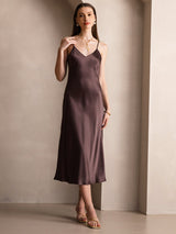 [قهوة] SilkSilky-SA Sleeveless V Neck فساتين نسائية 005