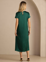 [أخضر غامق] SilkSilky-SA Short Sleeve Round Neck فساتين نسائية 002