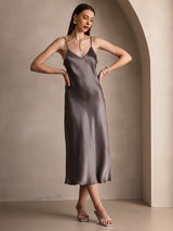 [كاكي غامق] SilkSilky-SA Sleeveless V Neck فساتين نسائية 001