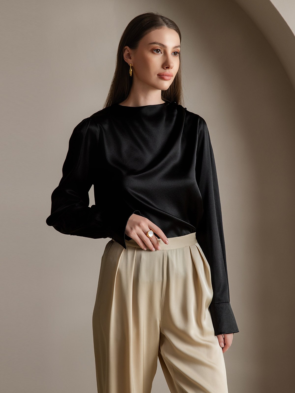 [أسود] SilkSilky-SA 19Momme الحرير Womens Shirt 005