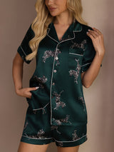 [حمار وحشي زمردي] SilkSilky-SA Short Sleeve Lapel Collar طقم بيجامة نسائي 005