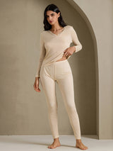 [اللون البيج] SilkSilky-SA Long Sleeve V Neck ملابس داخلية طويلة نسائية 006