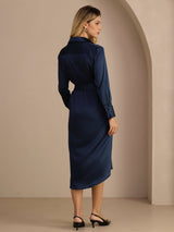 [أزرق غامق] SilkSilky-SA Long Sleeve Lapel Collar فساتين نسائية 002