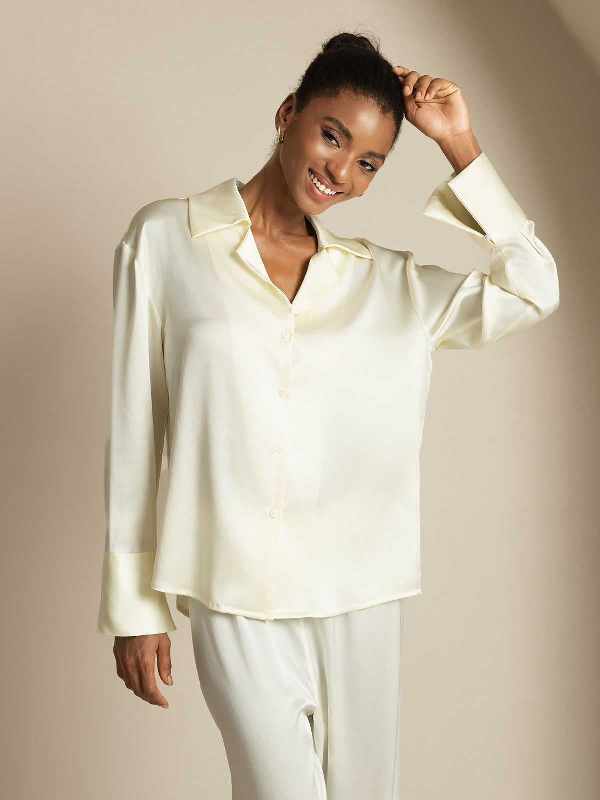 [عاج] SilkSilky-SA 19Momme الحرير Notch Collar بلايز نسائية 001