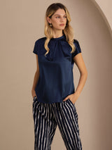 [أزرق غامق] SilkSilky-SA Short Sleeve Split بلوزات نسائية 004
