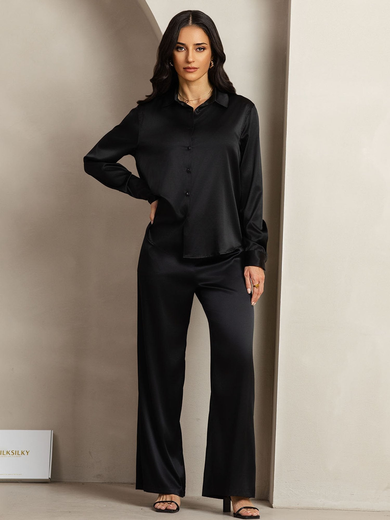 [أسود] SilkSilky-SA 19Momme الحرير Lapel Collar Women''s Outfit Sets 004,