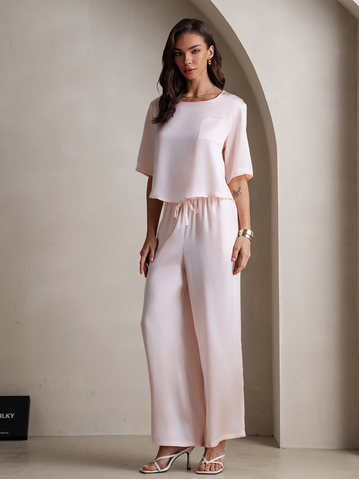 [لون القرنفل] SilkSilky-SA الحرير الخالص رقبة مستديرة طقم بيجامة نسائي 006