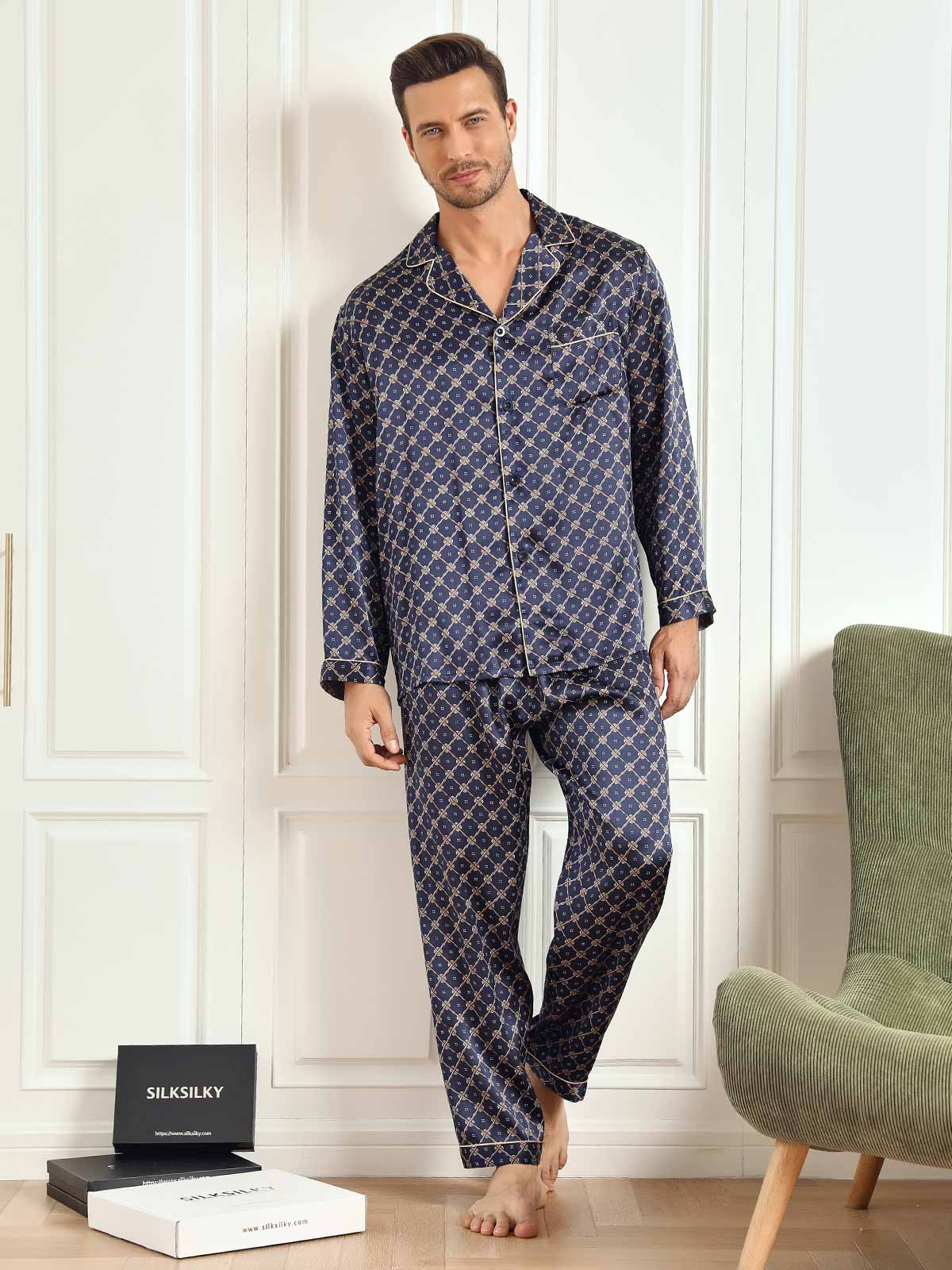 [سلسلة كحلي] SilkSilky-SA 19Momme الحرير الخالص Mens Pajamas 002