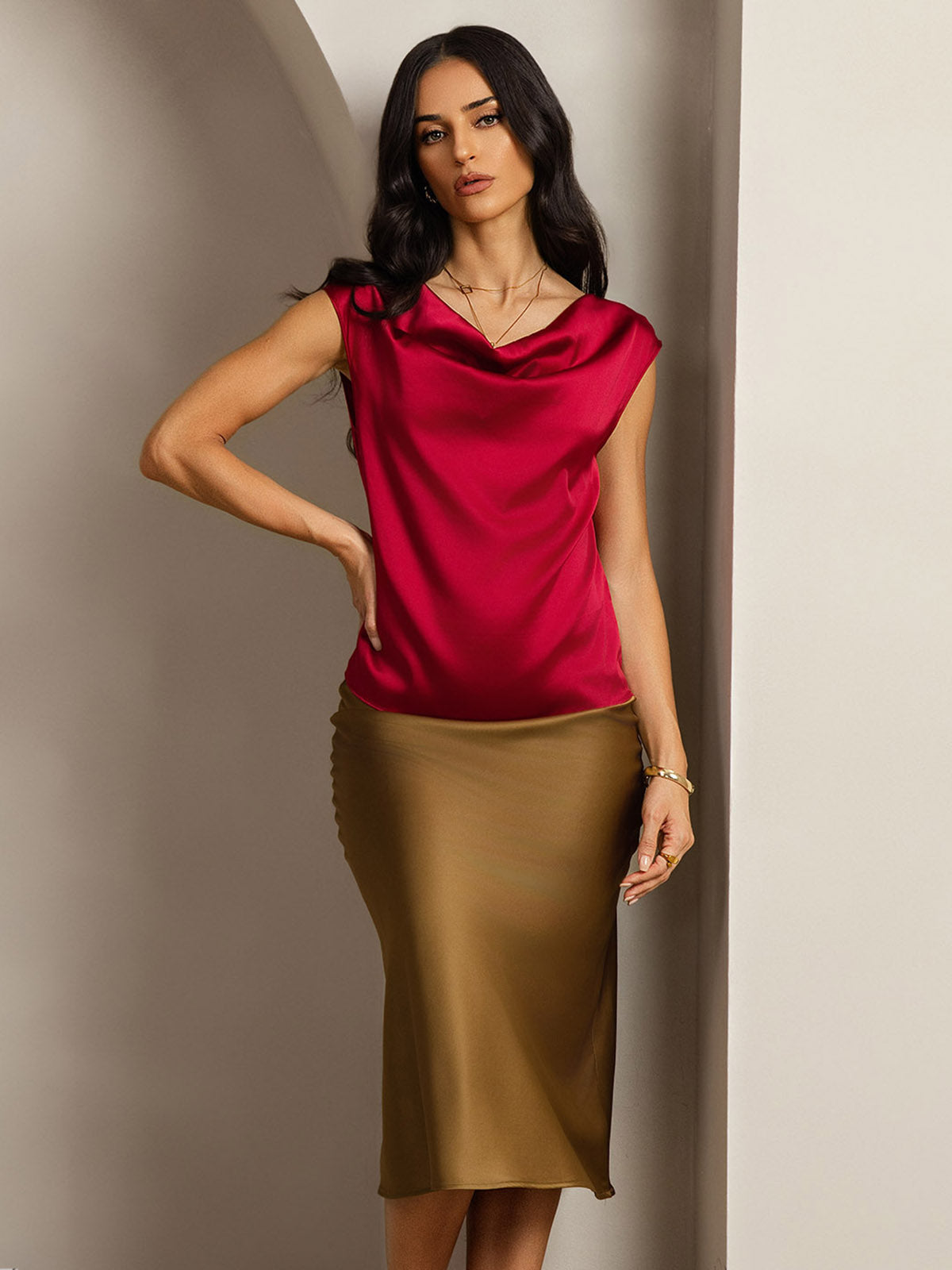 [خمر] SilkSilky-SA 19Momme الحرير فتحة عنق بثنيات ملفوفة تي شيرت نسائية 004,