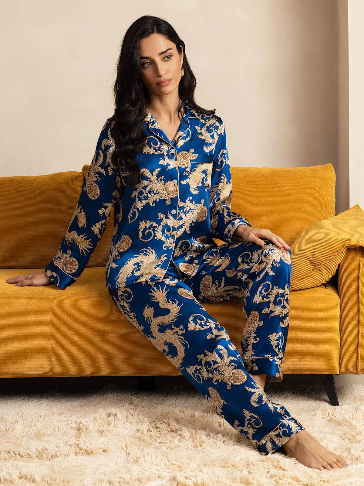 [تنين نيفي] SilkSilky-SA الحرير الخالص Womens Pajamas 008