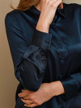 [أزرق غامق] SilkSilky-SA Long Sleeve Lapel Collar بلايز نسائية 004