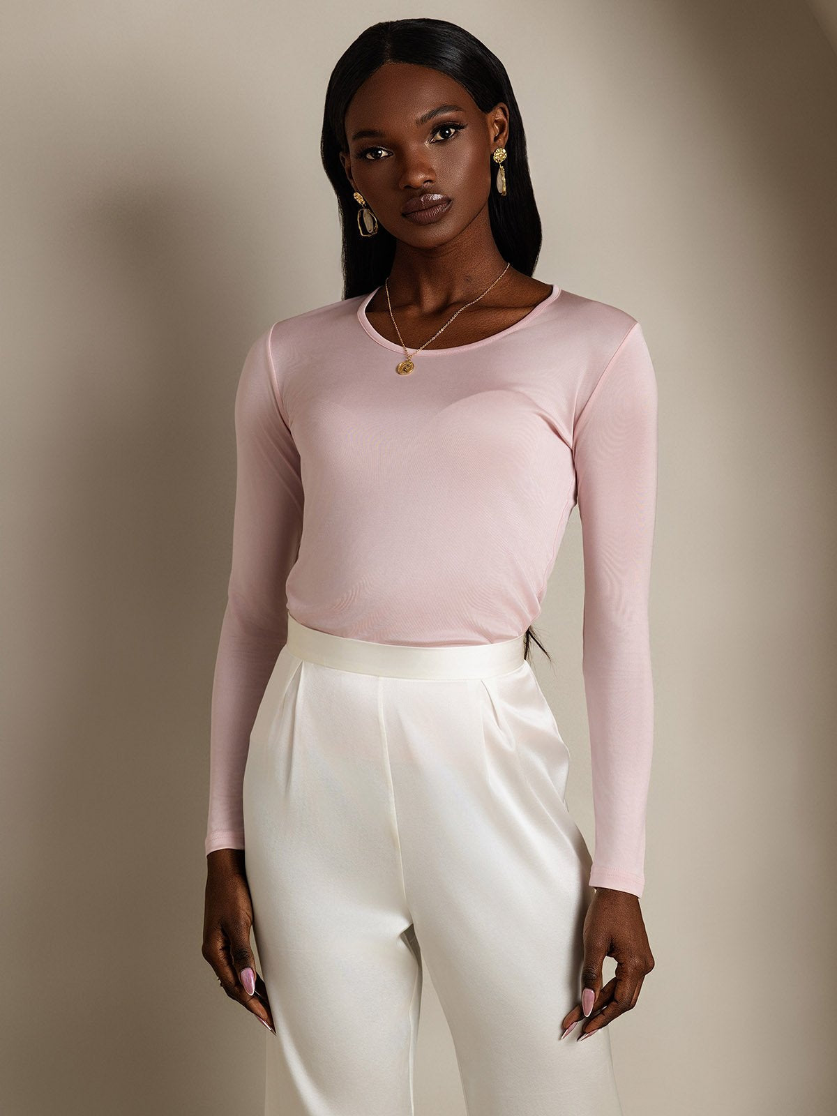 [وردى مرجانى] SilkSilky-SA الحرير رقبة مستديرة تي شيرت نسائية 003,