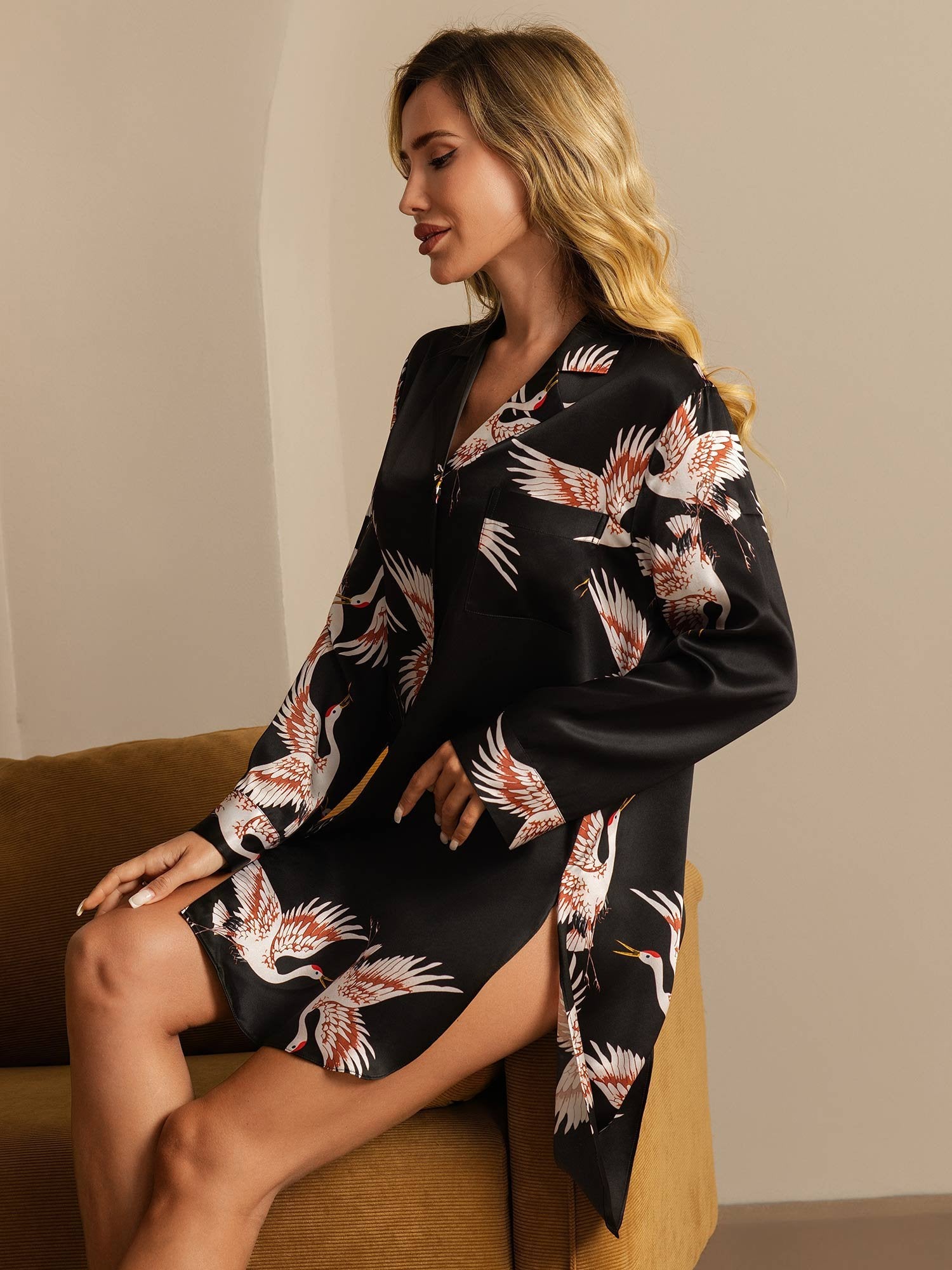 [أسود] SilkSilky-SA 19Momme الحرير الخالص Notch Collar باس النوم 007,