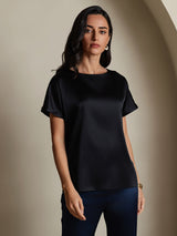 [أسود] SilkSilky-SA Short Sleeve Boat Neck تي شيرت نسائية 001
