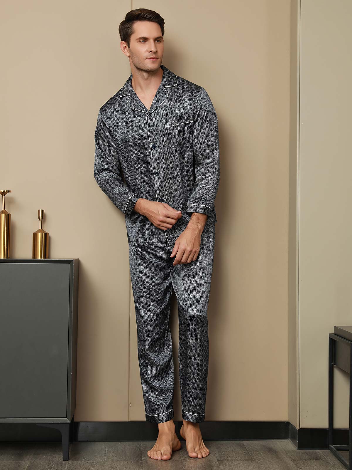 [جنكو كحلي] SilkSilky-SA 19Momme الحرير الخالص Mens Pajamas 004