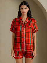 [مربعات حمراء] SilkSilky-SA Short Sleeve Notch Collar طقم بيجامة نسائي 001
