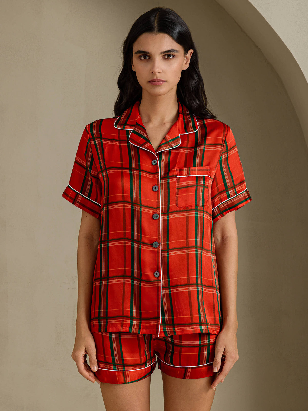[مربعات حمراء] SilkSilky-SA Short Sleeve Notch Collar طقم بيجامة نسائي 001