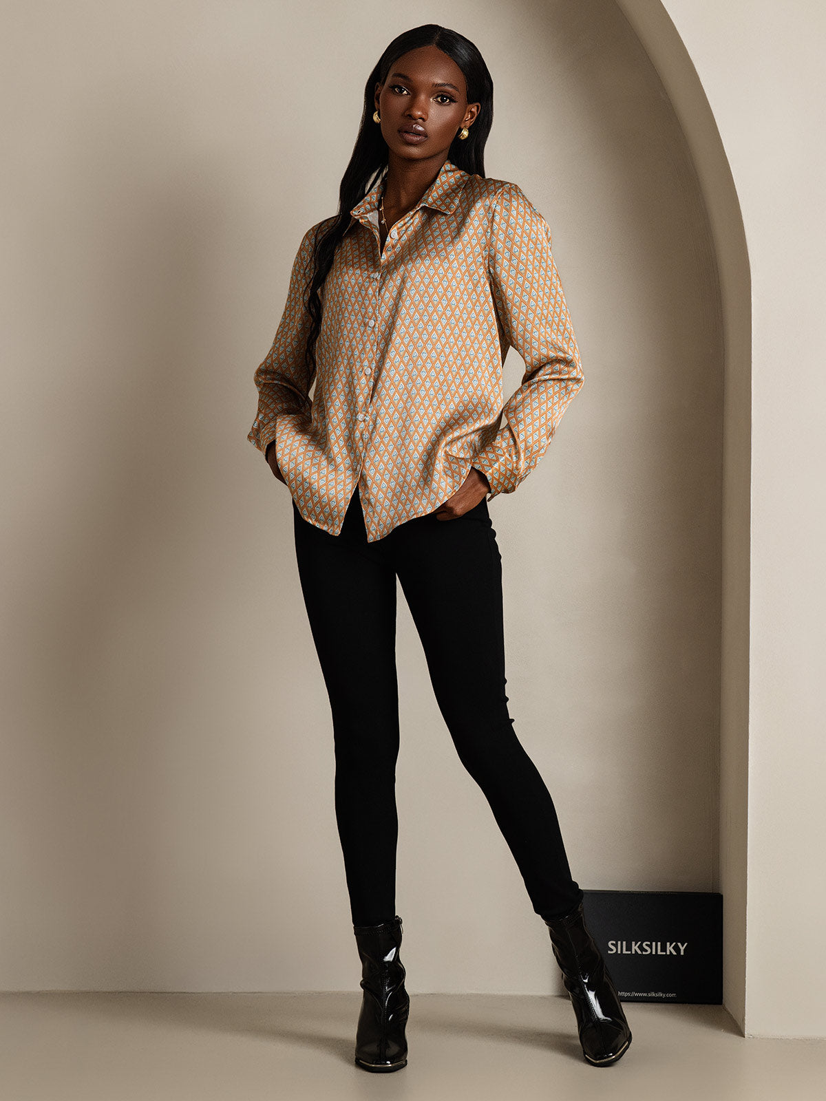 [أنماط زهرية] SilkSilky-SA الحرير الأكمام الطويلة Lapel Collar بلايز نسائية 007