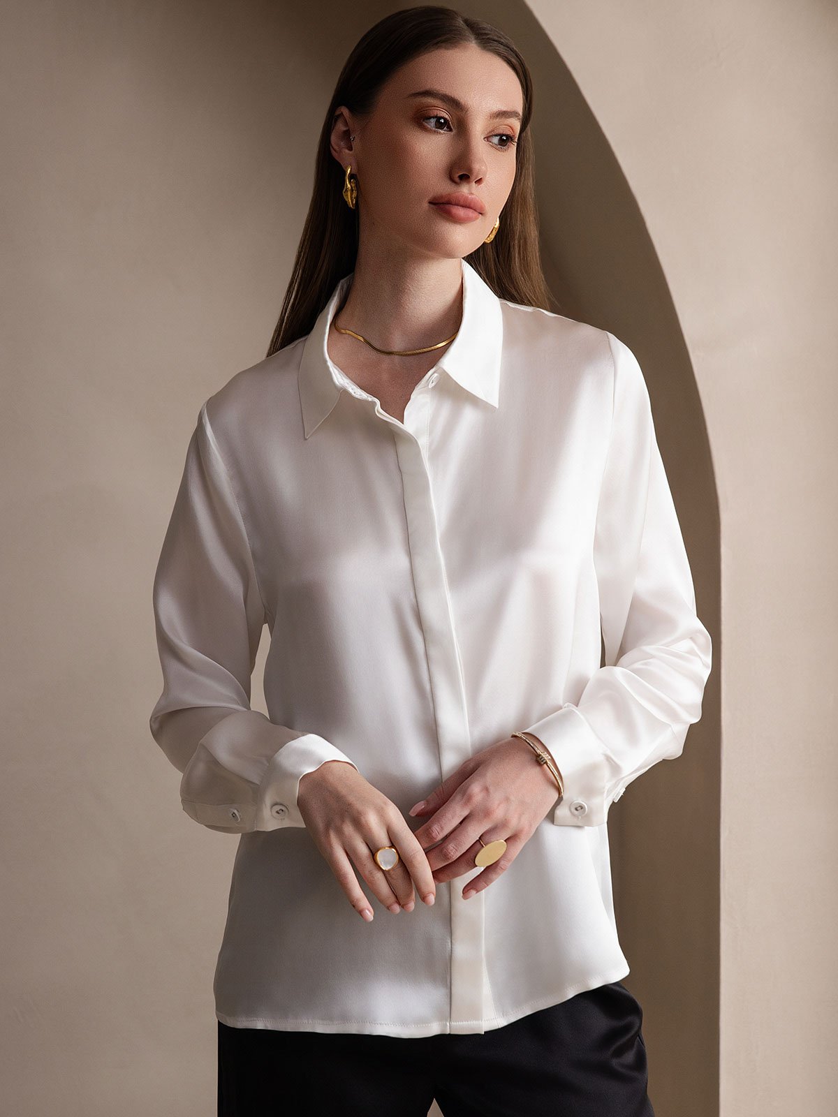 [أبيض] SilkSilky-SA 19Momme الحرير Lapel Collar بلايز نسائية 003