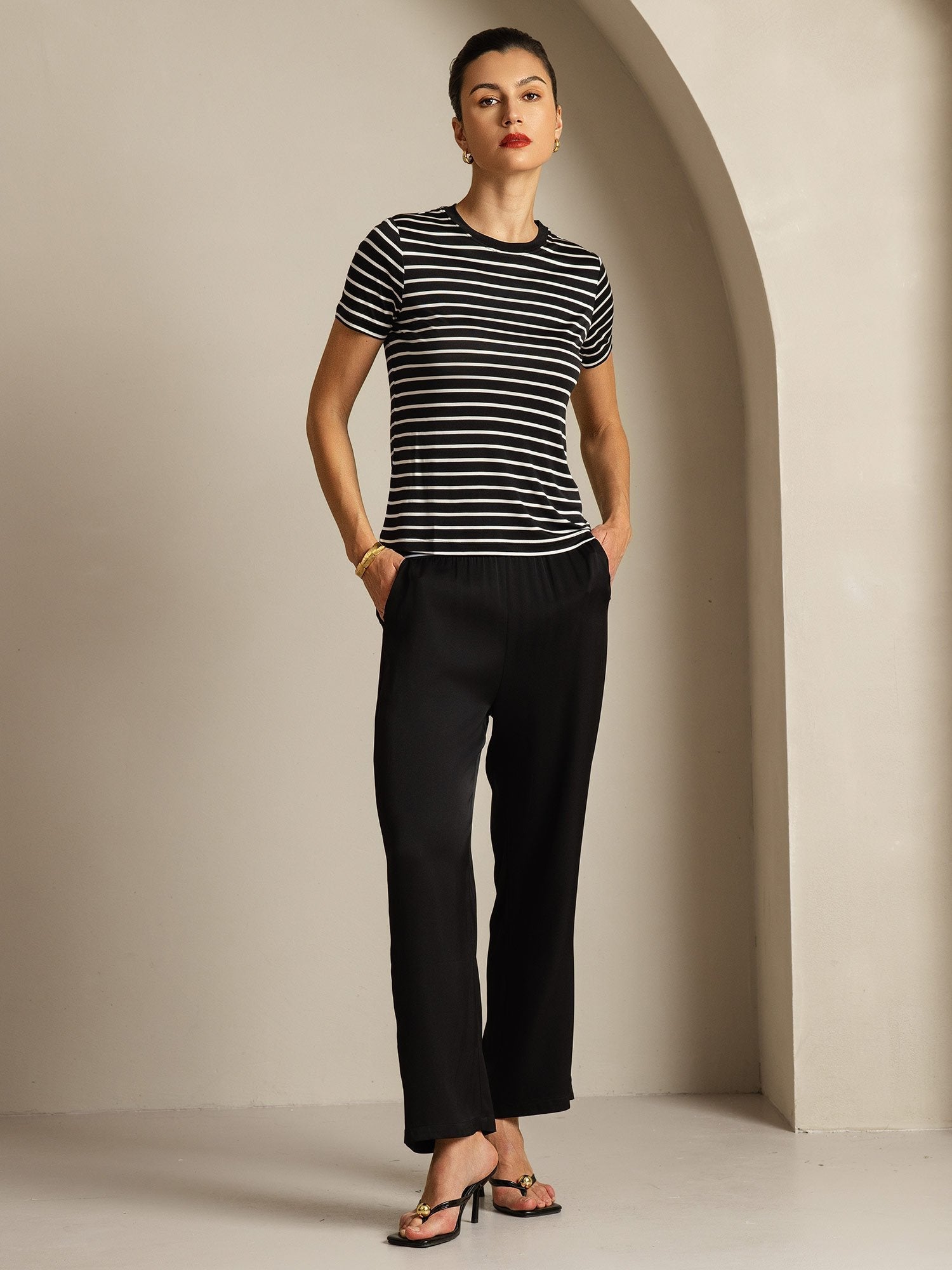 [شريطأسود] SilkSilky-SA الحرير الخالص رقبة مستديرة تي شيرت نسائية 006