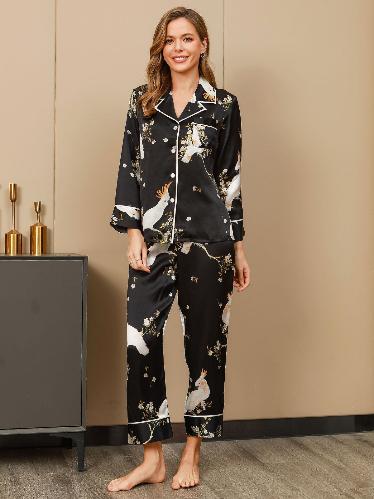 [أسود] SilkSilky-SA الحرير الخالص Womens Pajamas 004