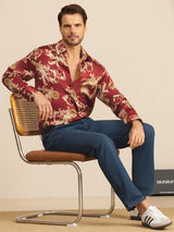 [تنين بلون النبيذ] SilkSilky-SA Long Sleeve Lapel Collar قميص رجالي 007