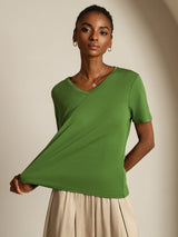 [أخضر] SilkSilky-SA Short Sleeve V Neck تي شيرت نسائية 006
