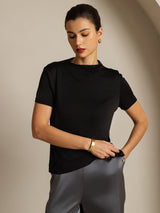 [أسود] SilkSilky-SA 100% Silk Jersey Short Sleeve ياقة نصف عالية تي شيرت نسائية 006