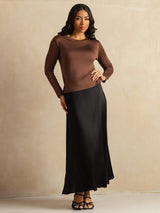 [قهوة] SilkSilky-SA Long Sleeve Crew Neck تي شيرت نسائية 009