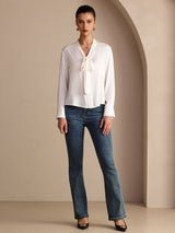 [أبيض] SilkSilky-SA Long Sleeve Tie Neck بلوزات نسائية 007