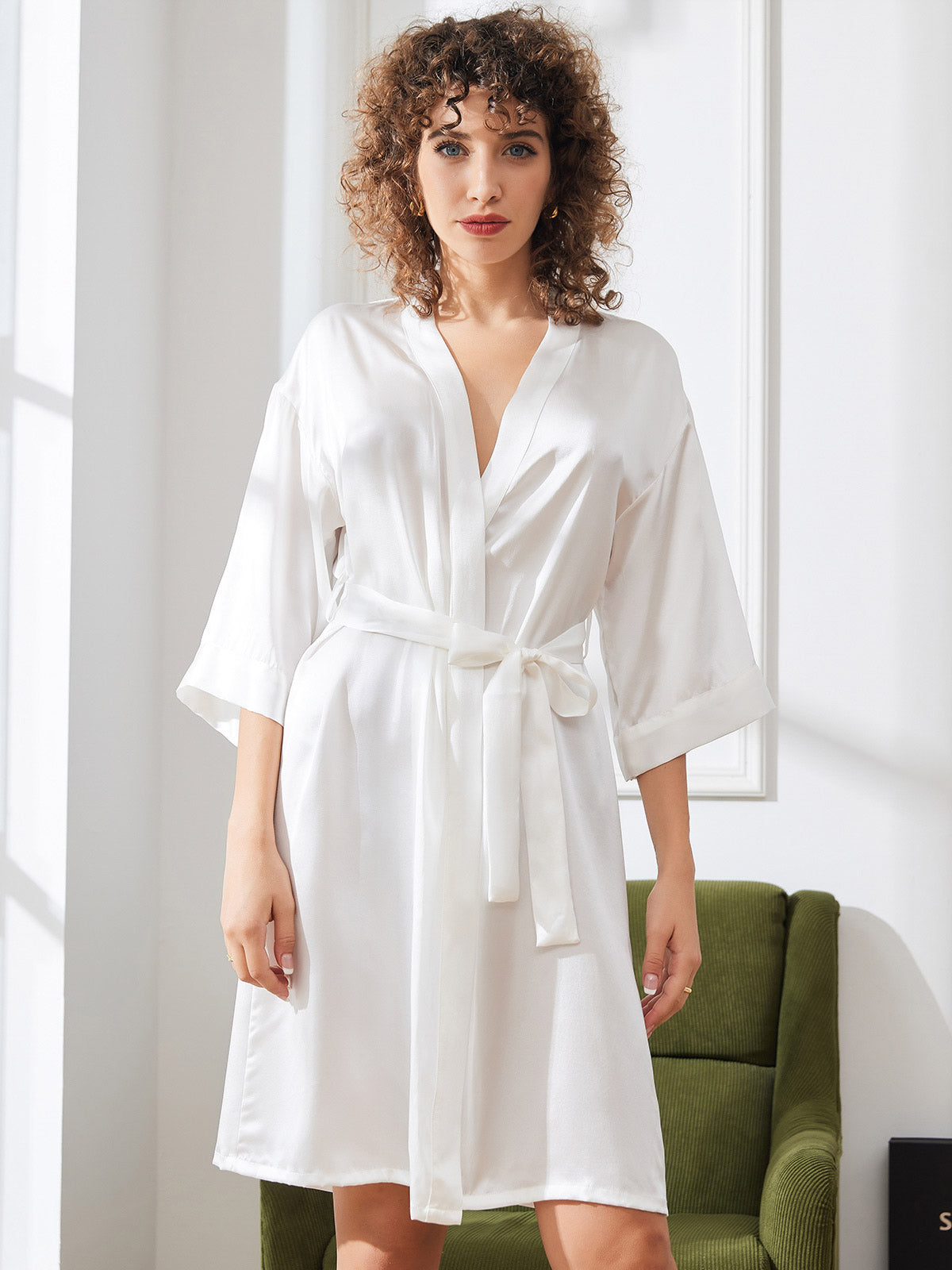 [أبيض] SilkSilky-SA الحرير الخالص Womens Robe 005,