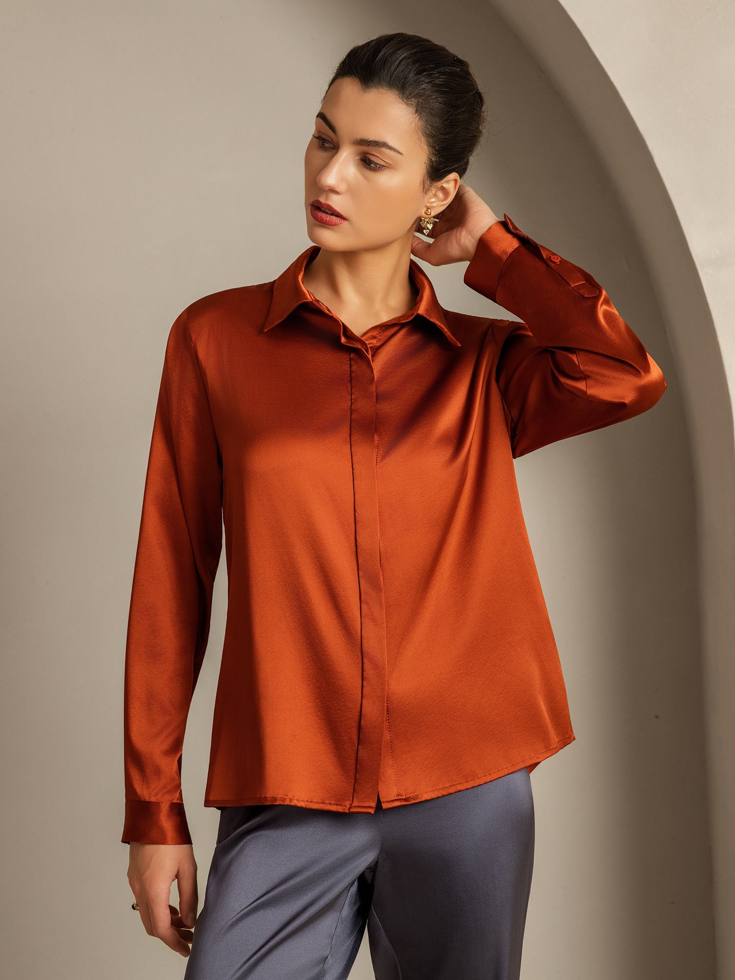 [الكراميل] SilkSilky-SA 19Momme الحرير Lapel Collar بلايز نسائية 004
