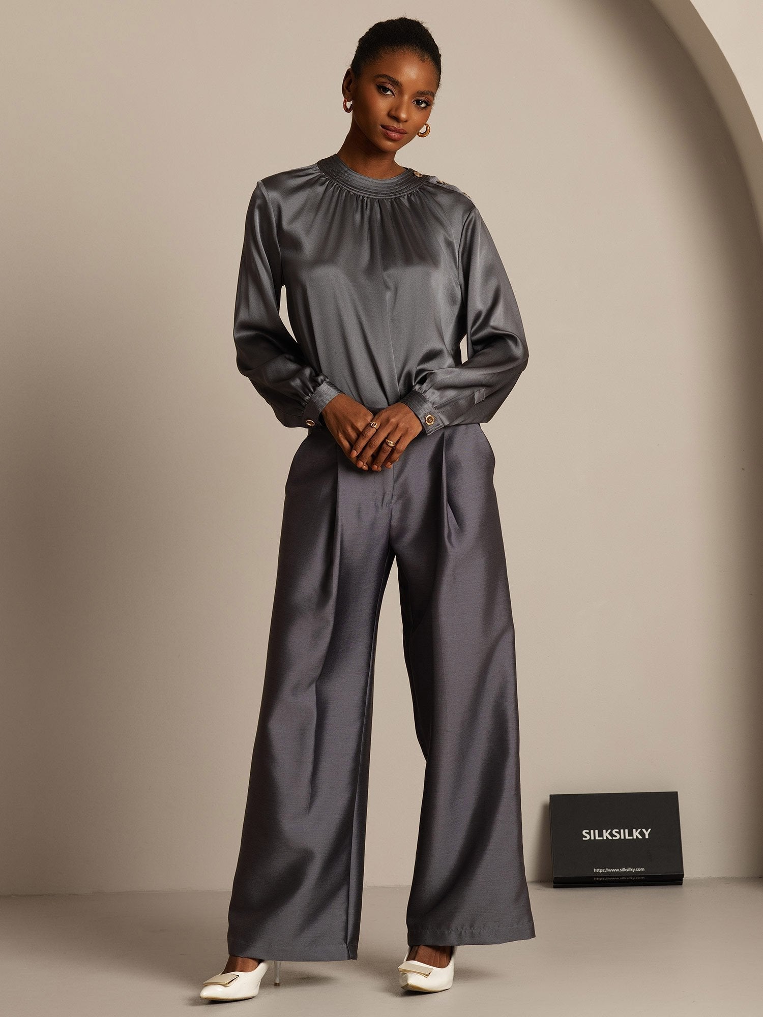 [رمادي] SilkSilky-SA 32Momme الحرير Womens Pants 006,