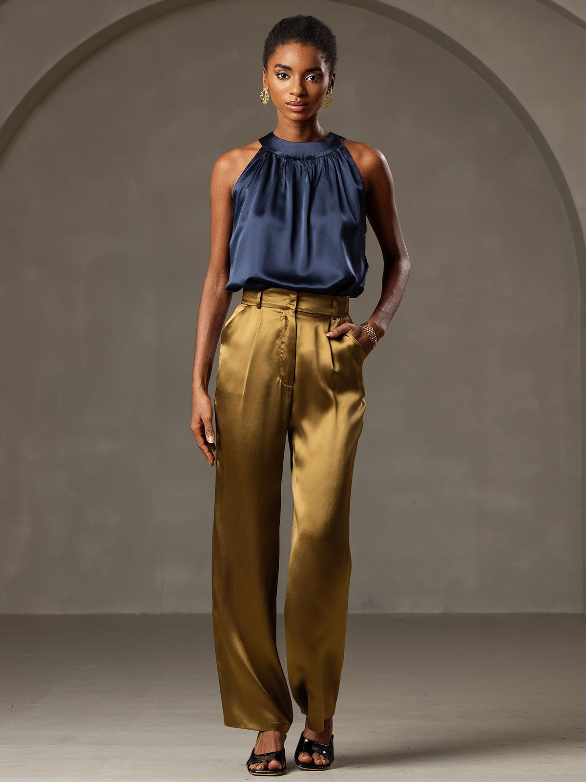 [أزرق غامق] SilkSilky-SA 19Momme الحرير Womens T-Shirt 007,