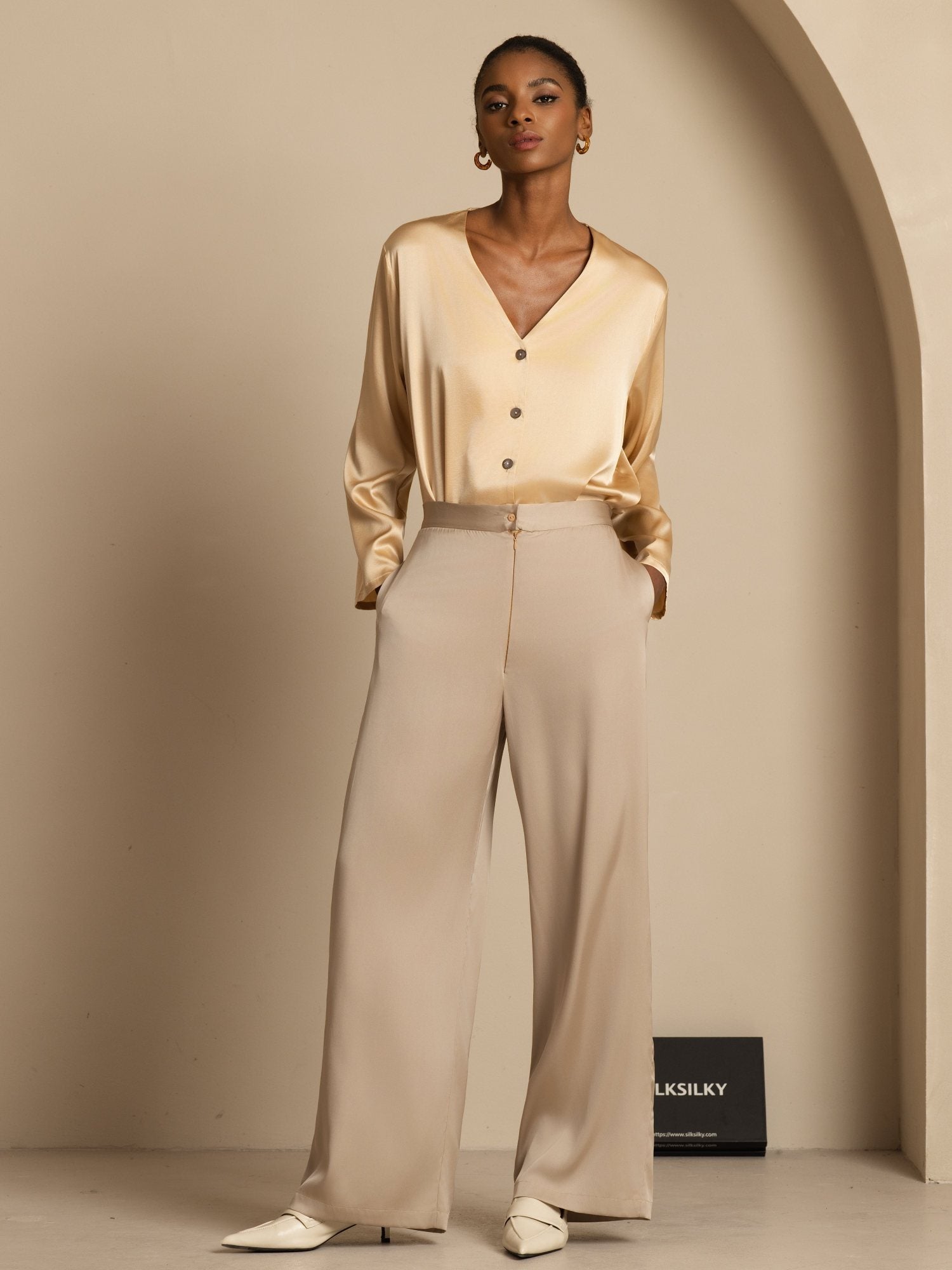 [تان (بني فاتح)] SilkSilky-SA 19Momme الحرير Womens Pants 008