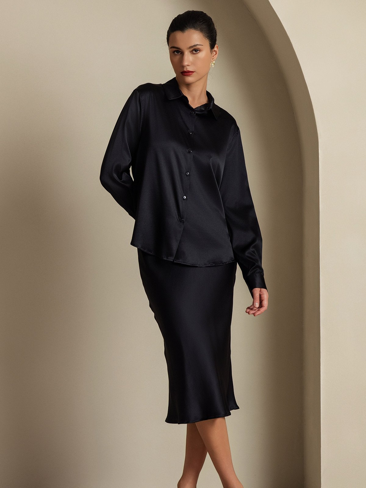 [أسود] SilkSilky-SA 19Momme الحرير Lapel Collar Women''s Outfit Sets 005,