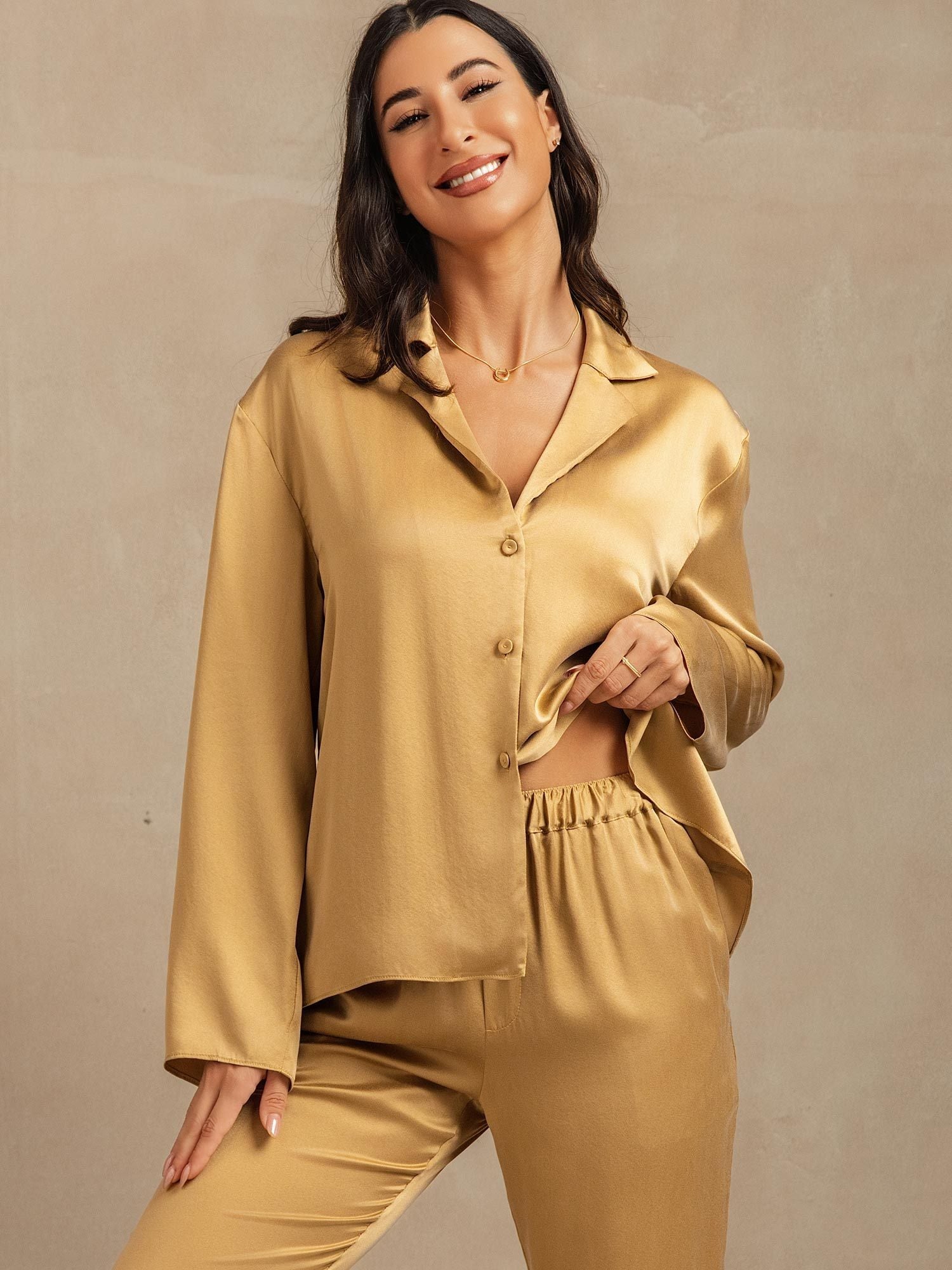 [تان(بنيفاتح)] SilkSilky-SA 19Momme الحرير فتحة عنق V طقم بيجامة نسائي 007