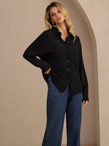 [أسود] SilkSilky-SA Long Sleeve Lapel Collar بلايز نسائية 004
